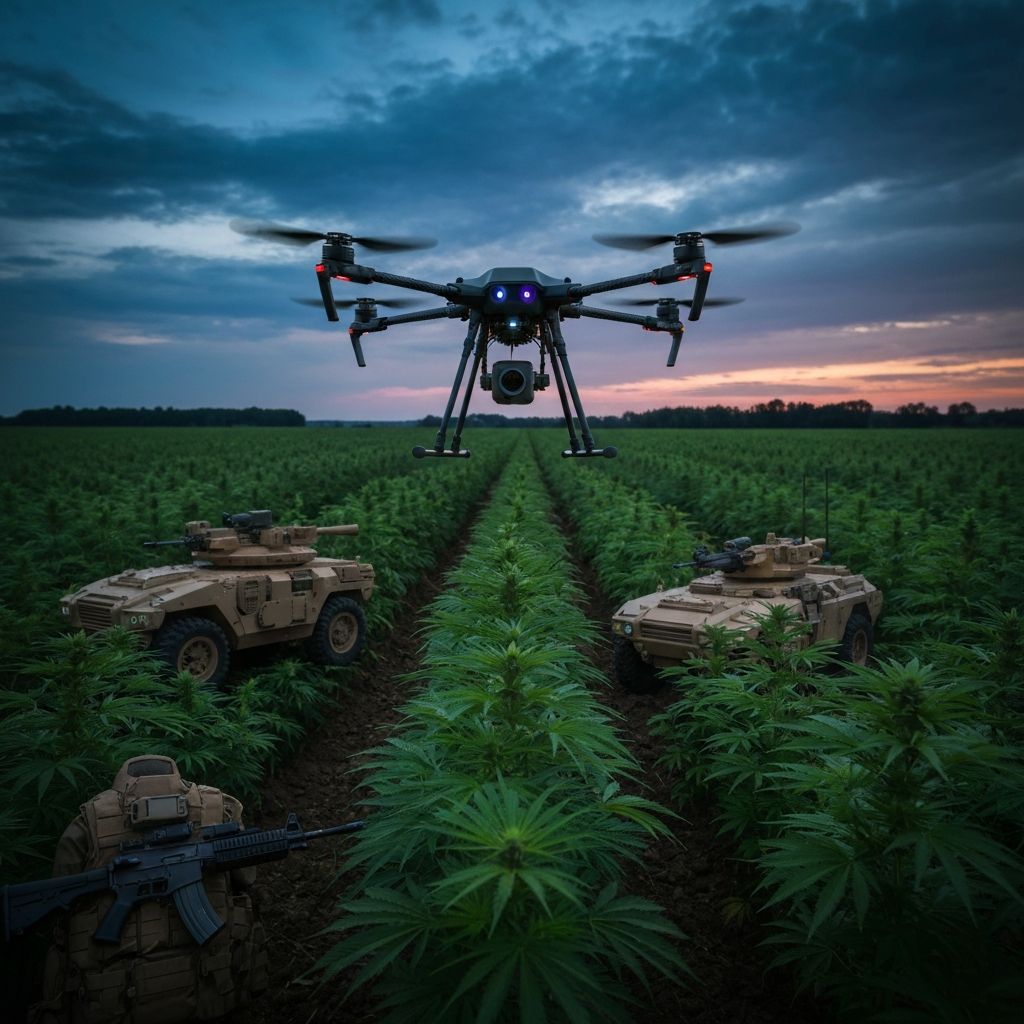 Futuristic military hemp field with advanced technology